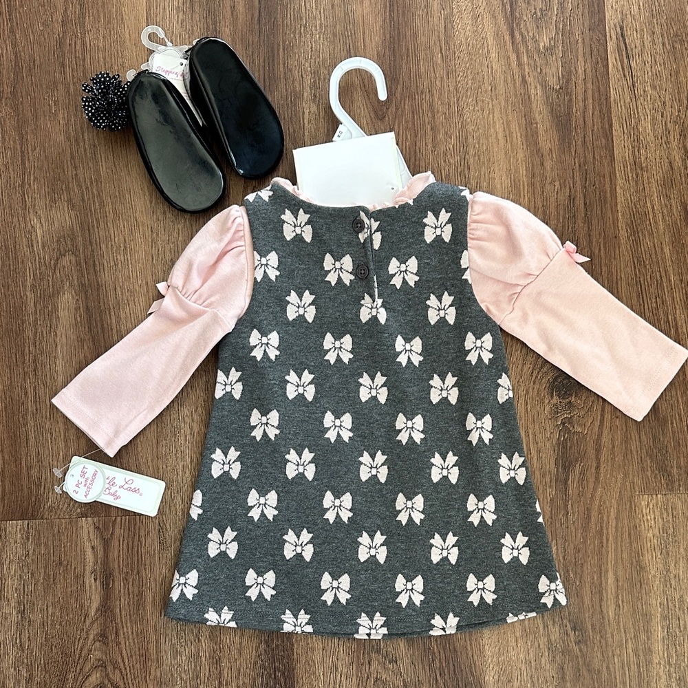 NWT Little Lass Pink and Gray Bow Baby Dress, Shoes and Hair Accessory Set, 12M - Picture 3 of 5